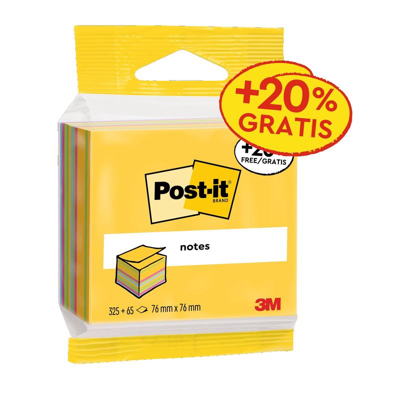 Cuburi de note Post-it®, Ultra Colors, 76 mm x 76 mm, 20% promoție gratuită, 390 coli/pachet, 1 tampon/pachet, 100% PEFC, SGSCH-PEFC-COC-110078 | Pachet (1 set)