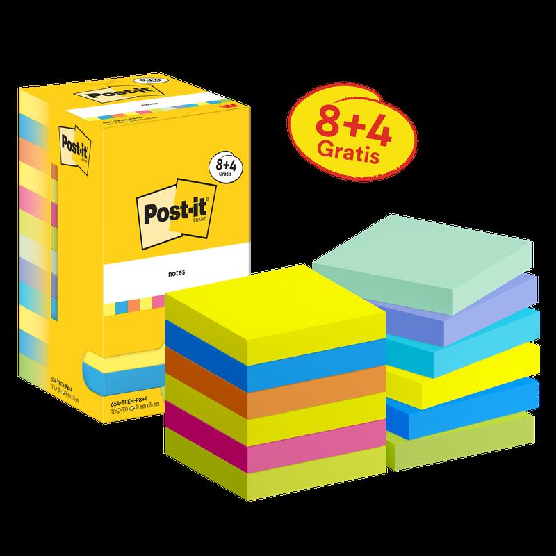 Note Post-it®, Colecție Energetic, 76 mm x 76 mm, Promoție, 90 coli/Bloc, 8 Bloc-note + 4 gratuit/Pachet, Ambalaj din carton, 100% PEFC, SGSCH-PEFC-COC-110078 | Pachet (12 bucăți)