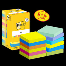 Note Post-it®, Colecție Energetic, 76 mm x 76 mm, Promoție, 90 coli/Bloc, 8 Bloc-note + 4 gratuit/Pachet, Ambalaj din carton, 100% PEFC, SGSCH-PEFC-COC-110078 | Pachet (12 bucăți)