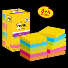 Note post-it® super lipicioase, colecție carnaval, 76 mm x 76 mm, promoție, 90 foi/pad, 8 bloc-note + 4 gratuit/pachet, ambalaj din carton, 100% PEFC, SGSCH-PEFC-COC-110078 | Pachet (12 bucăți)