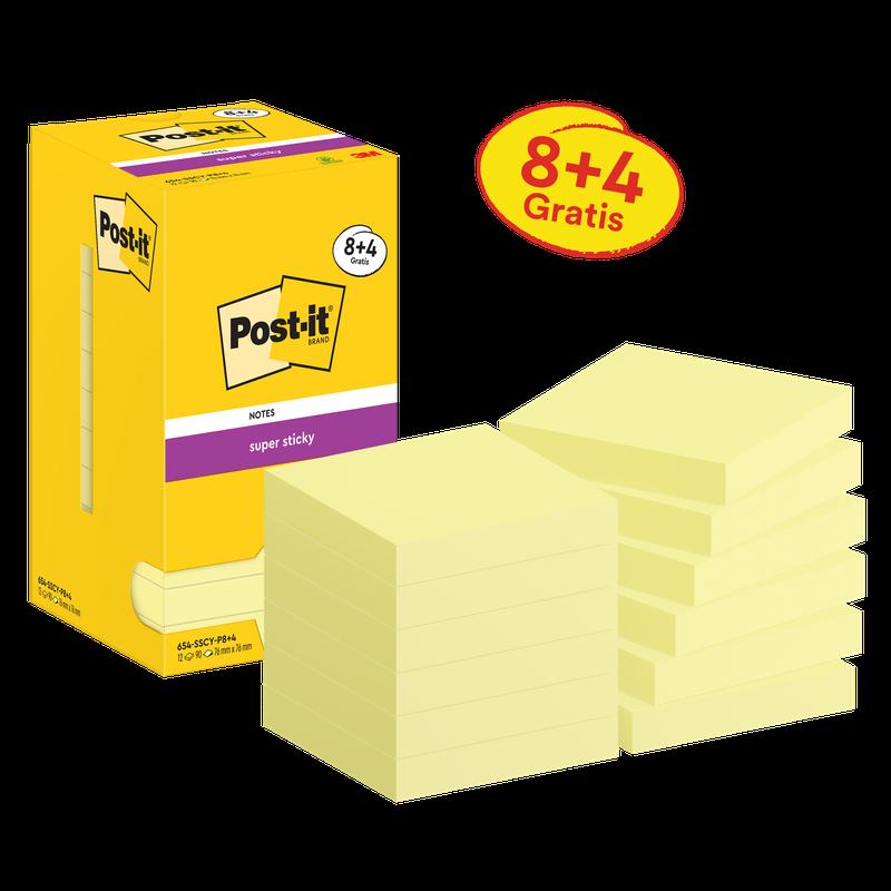 Note post-it® super lipicioase, galben, 76 mm x 76 mm, promoție, 90 coli/pad, 8 bloc-note + 4 gratuit/pachet, ambalaj din carton, 100% PEFC, SGSCH-PEFC-COC-110078 | Pachet (12 bucăți)