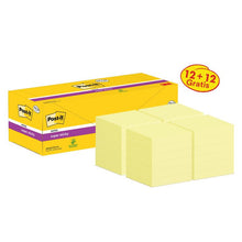Note super lipicioase Post-it®, galben, 76 mm x 76 mm, promoție, 90 coli/pad, 12 bloc-note + 12 gratuit/pachet, ambalaj din carton, 100% PEFC, SGSCH-PEFC-COC-110078 | Pachet (24 bucăți)