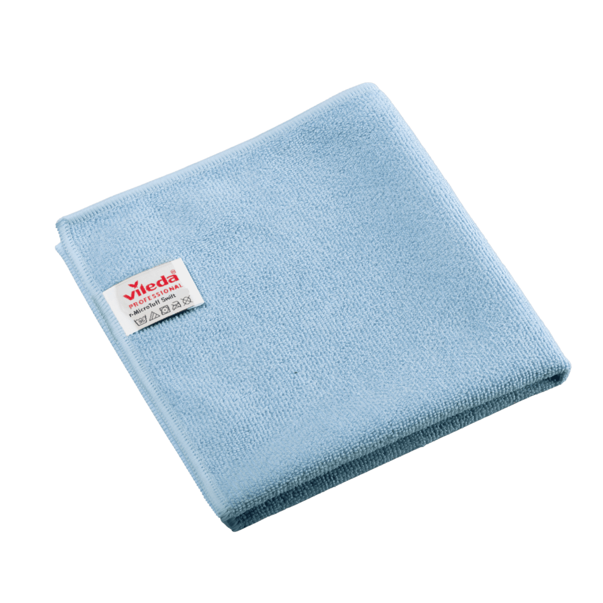 Cârpă pliată din microfibră Vileda Professional r-MicroTuff Swift, de culoare albastră, cu o etichetă albă cusută pe ea, pe care sunt imprimate numele mărcii și simbolurile de întreținere.