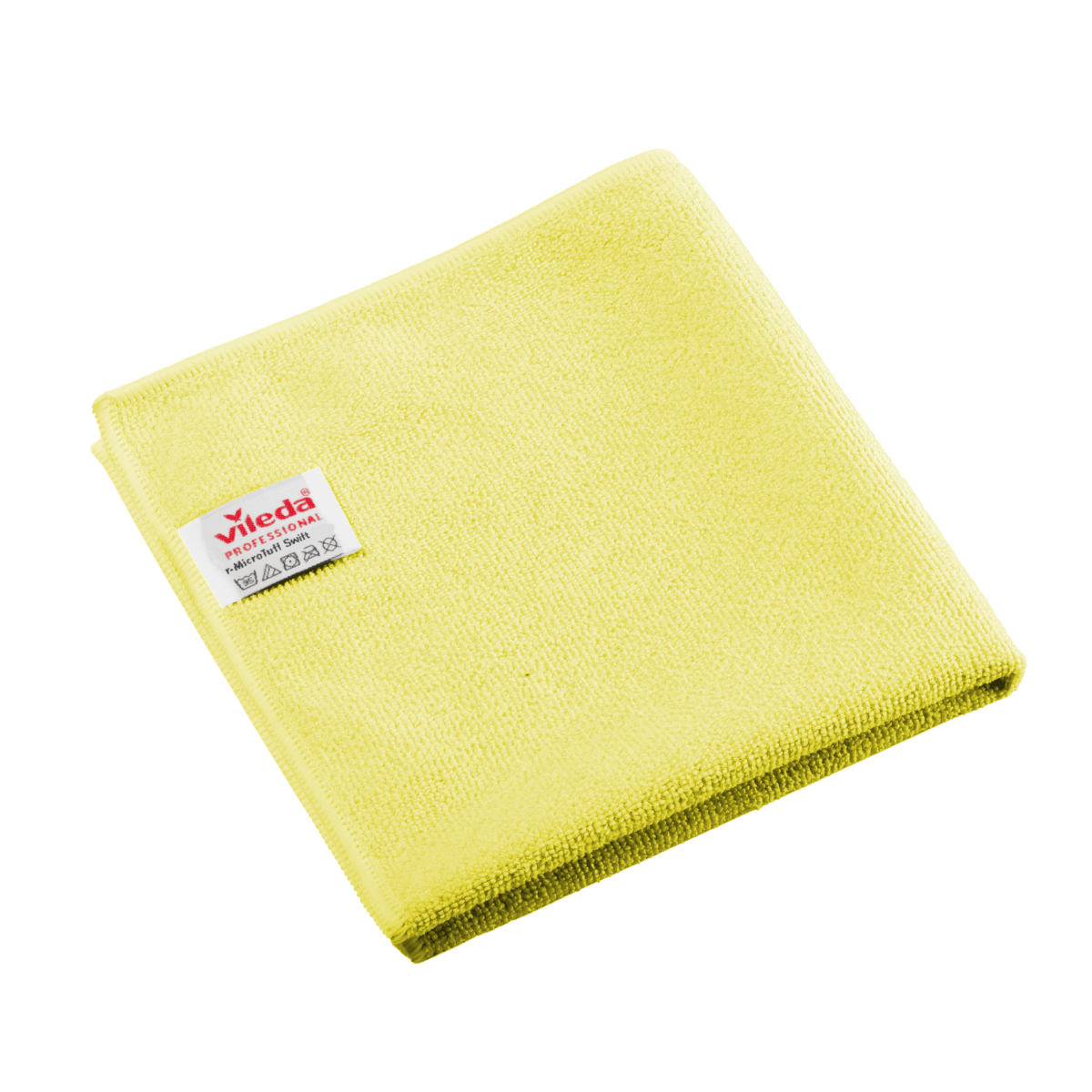 Cârpă pliată din microfibră Vileda Professional r-MicroTuff Swift, de culoare galbenă, cu etichetă albă cusută.