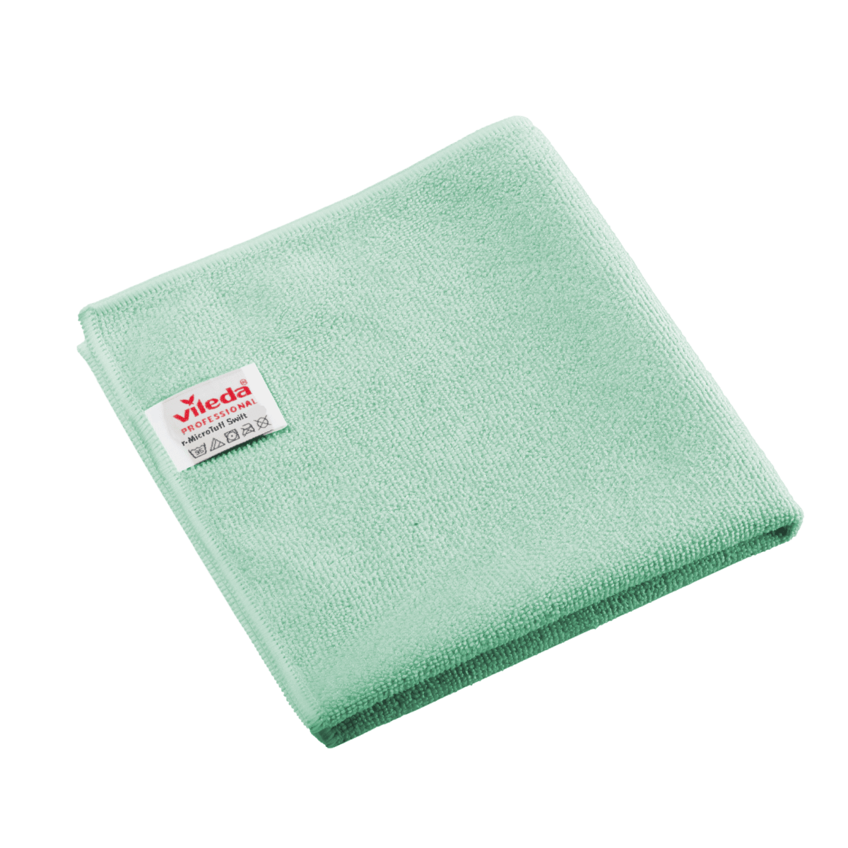 Cârpă pliată din microfibră Vileda Professional r-MicroTuff Swift, de culoare verde, cu etichetă albă cusută.