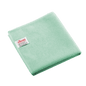 Cârpă pliată din microfibră Vileda Professional r-MicroTuff Swift, de culoare verde, cu etichetă albă cusută.