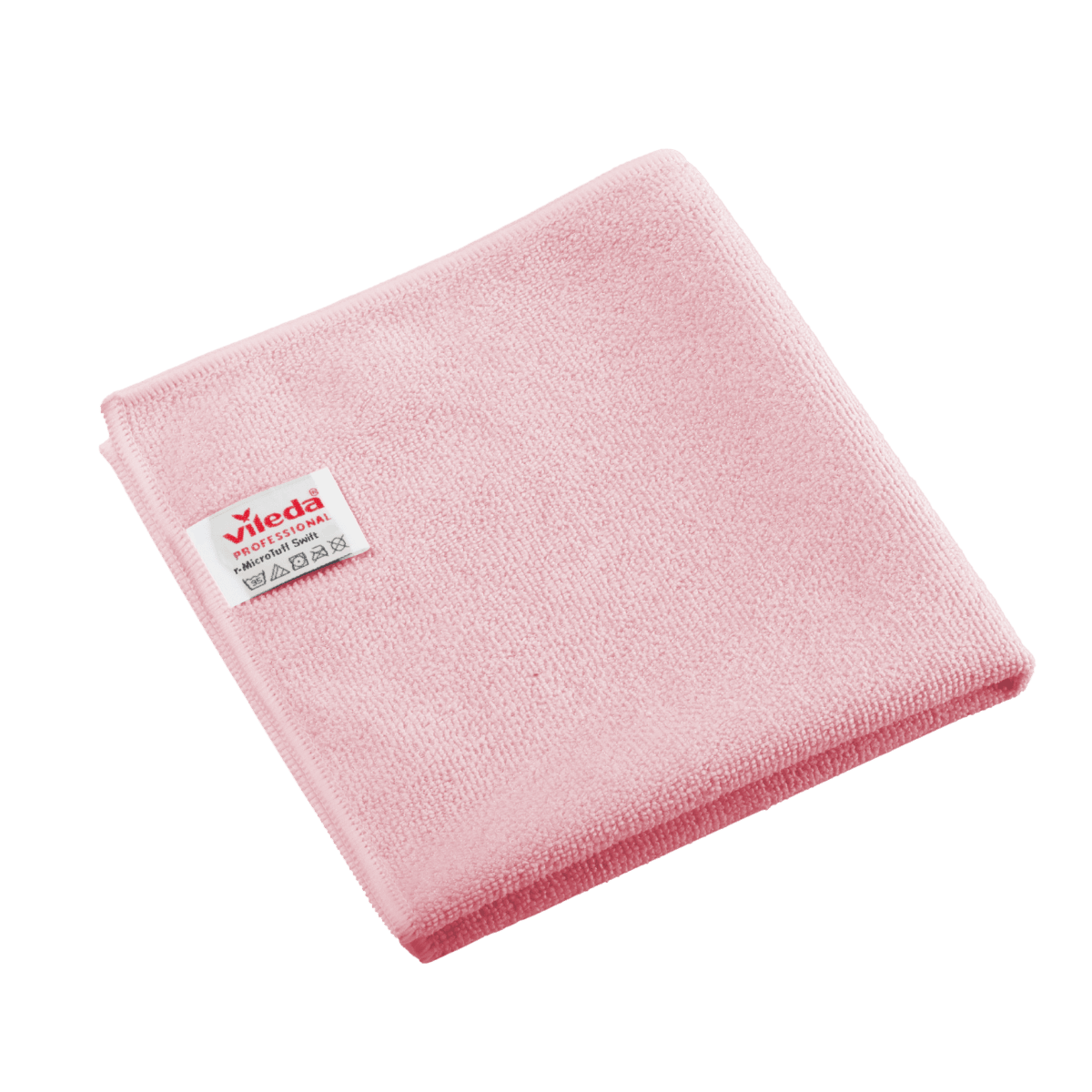Cârpă pliată din microfibră roșie Vileda Professional r-MicroTuff Swift, cu etichetă albă cusută.
