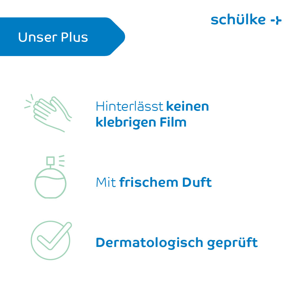 O grafică cu trei pictograme și text în germană enumeră avantajele spumei de curățare Schülke Esemtan®: fără reziduuri lipicioase, parfum proaspăt, testat dermatologic. Titlu albastru "Avantajul nostru" (sus stânga), "schülke +" (sus dreapta). Ideal pentru curățarea pielii.