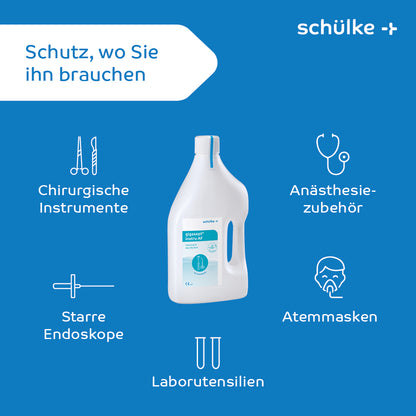 O imagine a unei sticle albe de dezinfectant pentru instrumente Schülke gigasept® instru AF (fără aldehide) cu numele de marcă „Schülke & Mayr GmbH” pe un fundal albastru. În jurul sticlei sunt simboluri pentru instrumente chirurgicale, accesorii de anestezie, măști de respirație, endoscoape rigide și ustensile de laborator. Textul spune „Protecție acolo unde aveți nevoie.” Curățarea endoscoapelor ușor realizată.