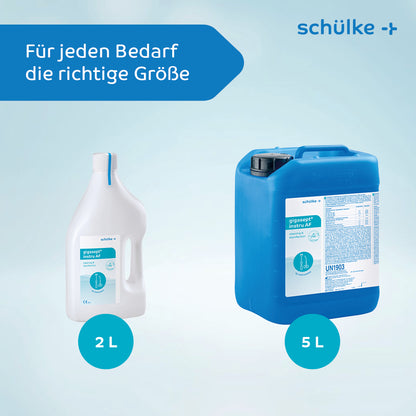Imaginea arată două recipiente de dezinfectant pentru instrumente Schülke gigasept® instru AF (fără aldehide) cu logo-ul Schülke & Mayr GmbH. Recipientul din stânga, ideal pentru curățarea endoscoapelor, are o capacitate de 2 litri și este alb cu etichetă albastră, în timp ce recipientul din dreapta are o capacitate de 5 litri și este albastru cu etichetă albă. Ambele sunt plasate pe un fundal albastru deschis. Textul spune „Pentru fiecare nevoie, dimensiunea potrivită.”