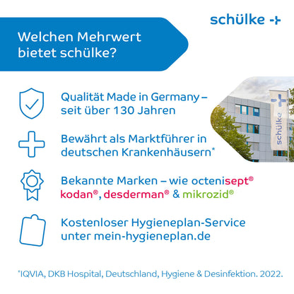 Ein deutscher Text und das Logo der Schülke & Mayr GmbH, bekannt für über 130 Jahre Qualität, betonen ihre führende Rolle in der Infektionsprävention in Krankenhäusern mit Produkten wie mikrozid® universal wipes. Das Gebäude zeigt das teilweise sichtbare Schülke-Logo.
