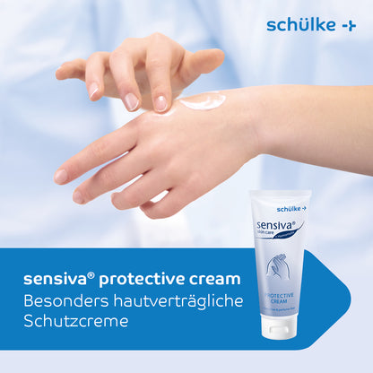 Se aplică crema de protecție pentru piele Schülke sensiva® din flaconul de 100 ml pe dosul mâinilor. Formularea apă-în-ulei se caracterizează prin compatibilitate cu pielea și protecție împotriva iritațiilor pielii. Pe ambalaj este scris un text în germană.