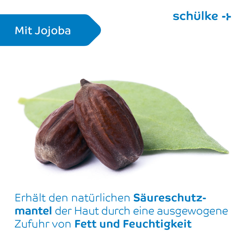 Zwei Jojobasamen ruhen auf einem grünen Blatt vor weißem Hintergrund. Das Bild enthält einen deutschen Text, der die Vorteile der Schülke sensiva® Schutzemulsion zur Aufrechterhaltung des Säureschutzmantels der Haut mit ausgewogener Fett- und Feuchtigkeitsversorgung beschreibt, ähnlich der parfümfreien Schutz-Lotion. Der Markenname „Schülke & Mayr GmbH“ erscheint in Blau.