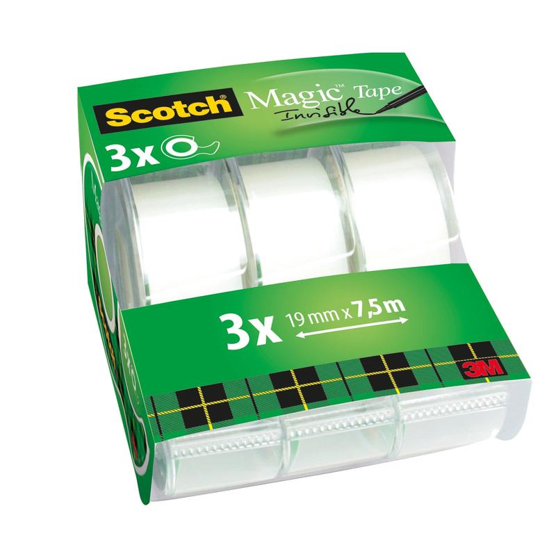 Scotch® Magic™ Bandă invizibilă 3 role 19 mm x 7,5 m cu distribuitor manual | Pachet (3 role)
