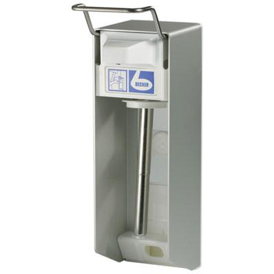 Dispenserul de perete Dr. Becher cu carcasă din aluminiu de la Dr. Becher GmbH dispune de un sistem de dozare igienic și un design elegant pentru montare pe perete cu un maner argintiu. Are un front din plastic alb cu etichetă și o duză metalică robustă pentru eliberarea săpunului.